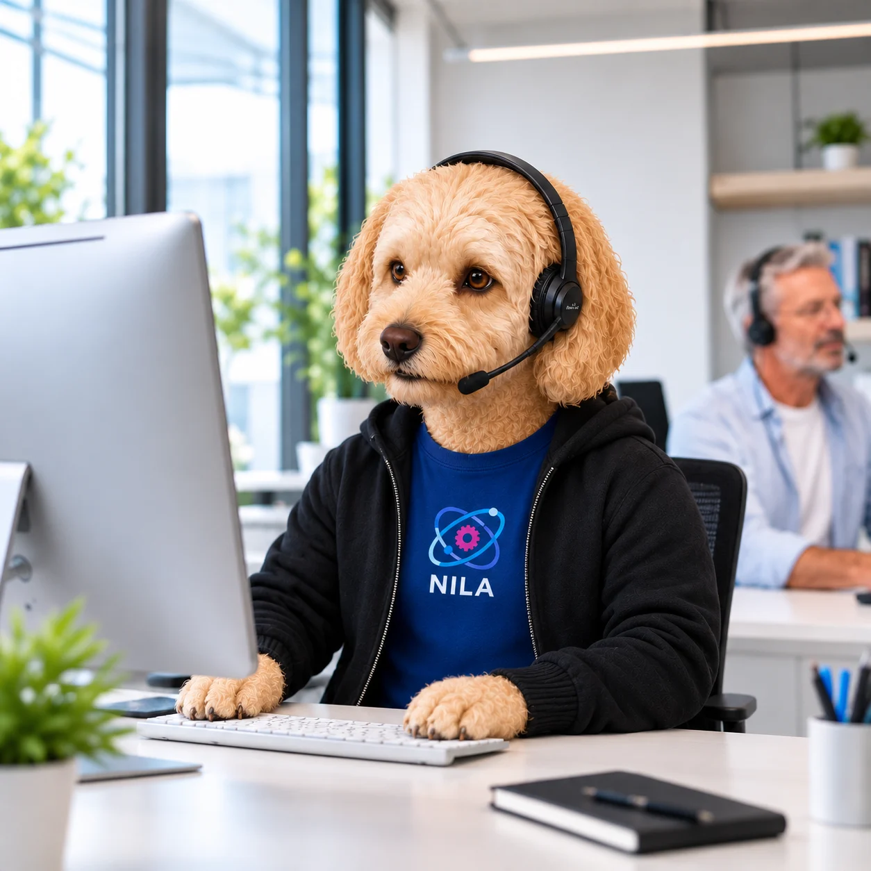 An AI assistant character at a desk, with workflow steps for reading specs, writing code, building, testing and deploying