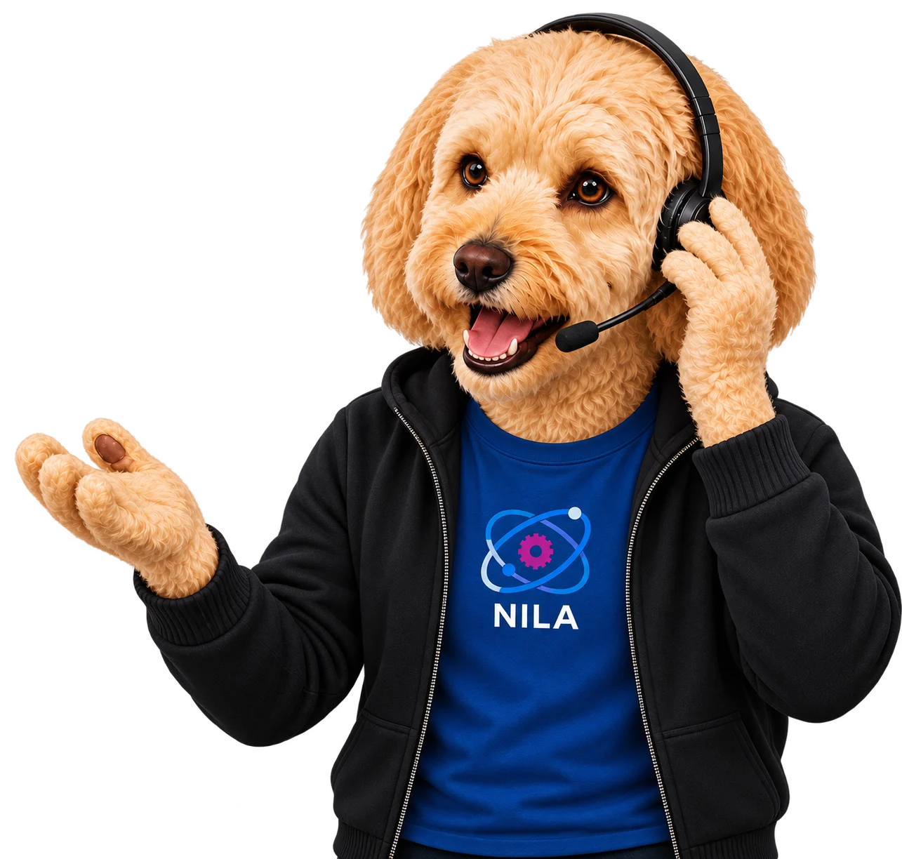 A friendly AI assistant character wearing a headset, mid-conversation