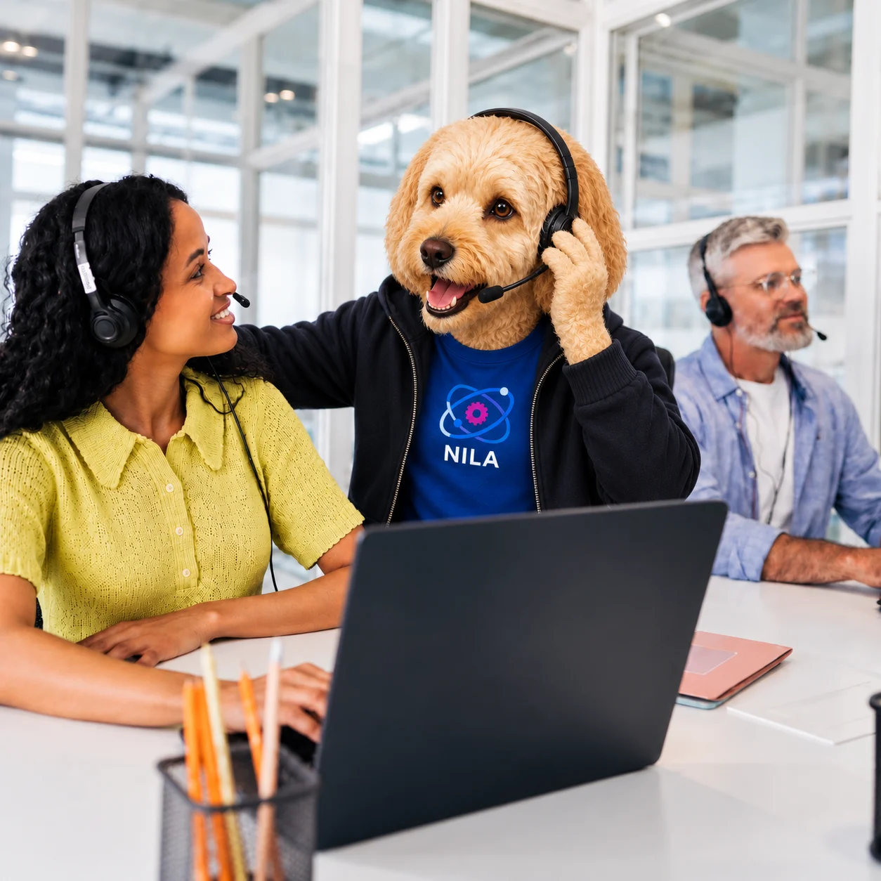 A dog wearing a headset at a desk between two colleagues, representing an AI assistant working alongside the team