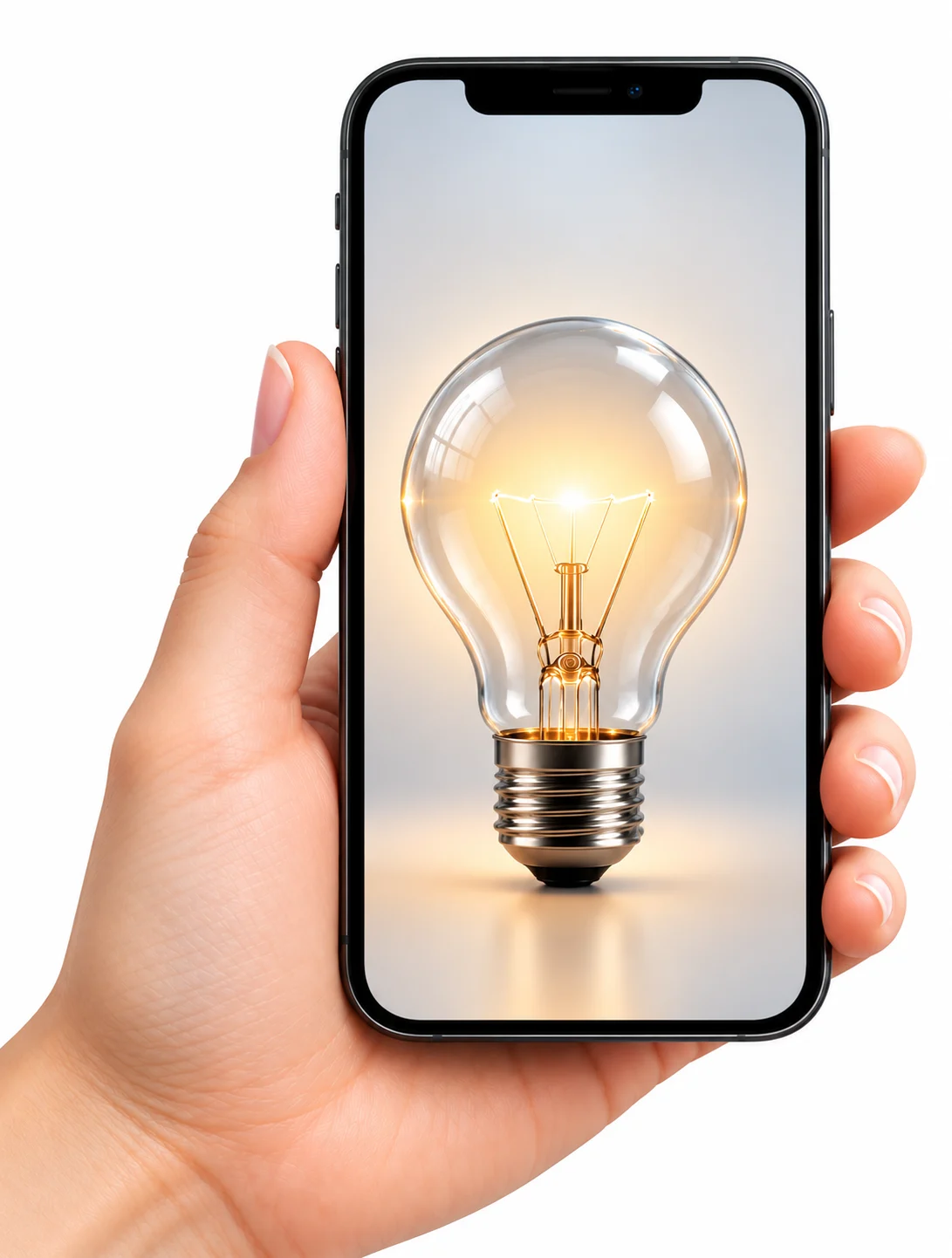 A hand holding a smartphone with a glowing lightbulb on its screen