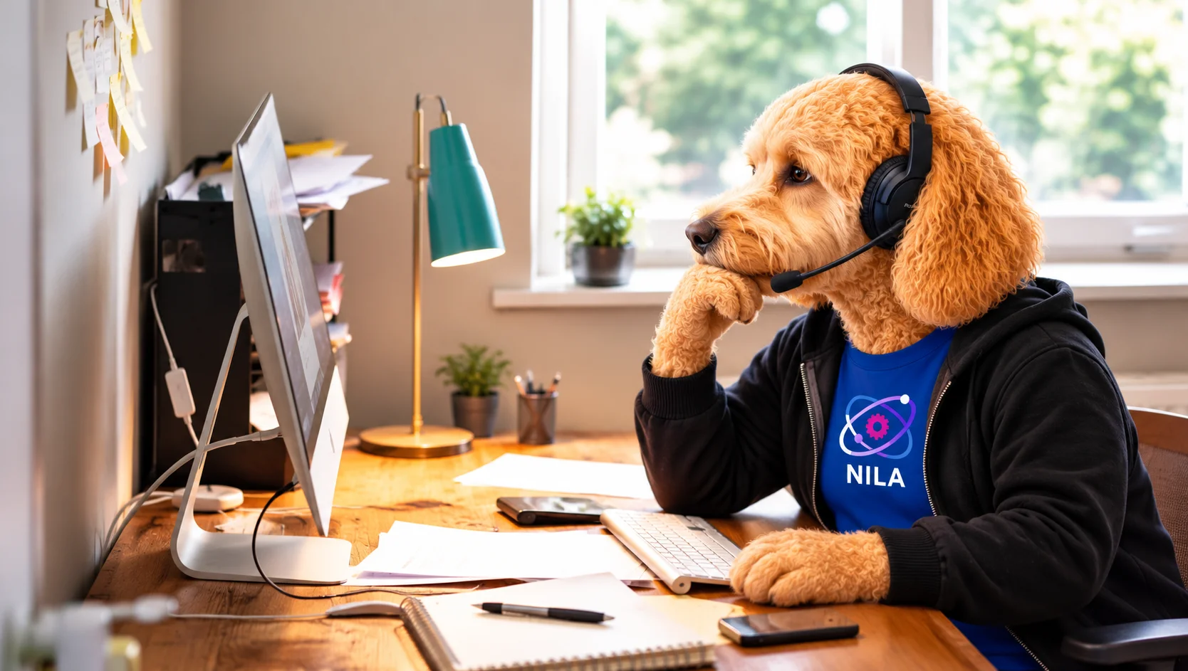 Nila, wearing a headset and a NILA-branded hoodie, thinking at a desk in a home office